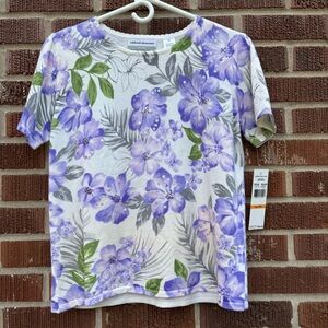 Alfred Dunner NWT Women Beaded Top Blouse Size PS White Floral Cotton blend